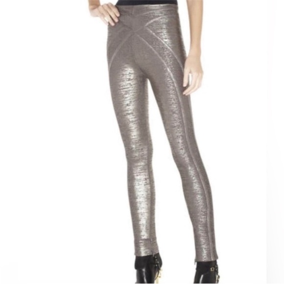 Hervé Leger PIETRA Silver Metallic Leggings Pants - Size XS - Picture 1 of 4